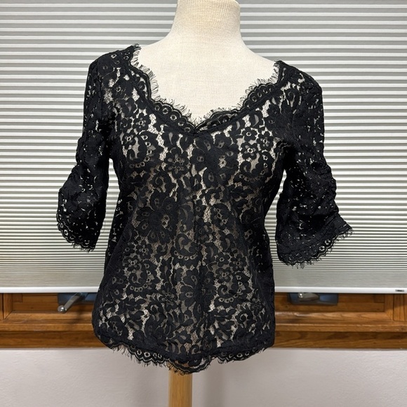 Joie Nevina Black Lace Scalloped Eyelash Trim Short Sleeve Top Blouse - Picture 5 of 14